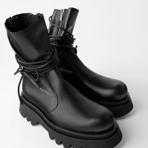NWT Zara Lace Leather Ankle Boots with Lug Sole - Picture 6 of 12